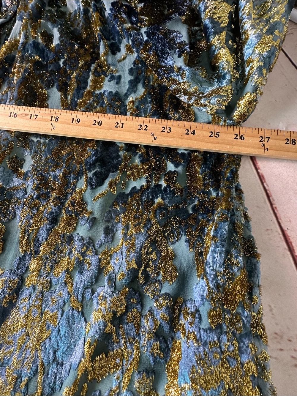 Blue and Gold Metallic Long Sleeve Midi Dress - Velvet Floral - Picture 8 of 12